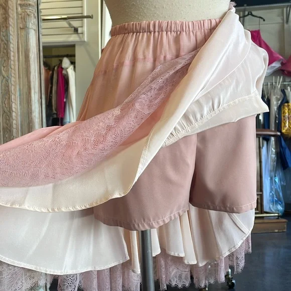 Blush pink silk metallic rose gold lace skirt high waisted skort shorts low back